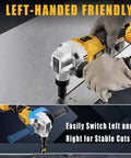 Beast Mode Cordless Metal Nibbler With Assist Handle cutting sheet metal, left-handed use, compatible with DeWalt 20V Battery, 2 blades included.