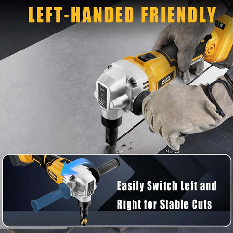 Beast Mode Cordless Metal Nibbler With Assist Handle cutting sheet metal, left-handed use, compatible with DeWalt 20V Battery, 2 blades included.