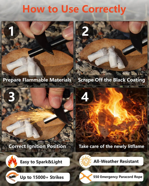 Steps to use Flint And Steel Fire Starter With Paracord Handle And Thick Striker 4 Inch Ferro Rod Waterproof Survival Tool For Camping
