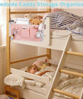 Bedside Caddy Organizer For Dorm Beds And Hospital Rails, hanging storage bag in light pink with pockets and hooks on bunk bed