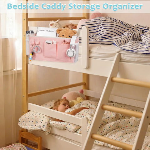 Bedside Caddy Organizer For Dorm Beds And Hospital Rails, hanging storage bag in light pink with pockets and hooks on bunk bed