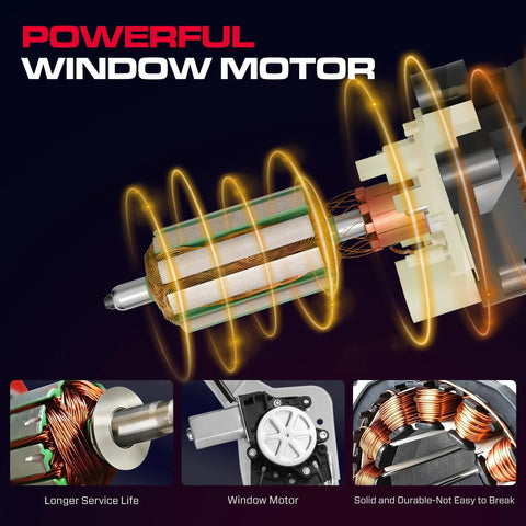 Close-up of a powerful window motor for Rear Passenger Side Window Regulator With Motor 2 Pin Connector For 2000-2006 Chevy Suburban Silverado 1500 3500 Avalanche GMC Sierra 1500 2500 3500 Yukon XL Escalade ESV