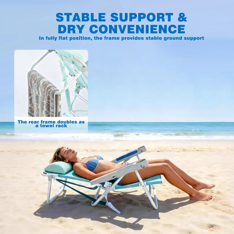 Woman relaxing on Extra Wide Beach Chair With 5 Position Lay Flat Recline Built Tough For Adults, Heavy Duty 500 Lb Capacity on beach