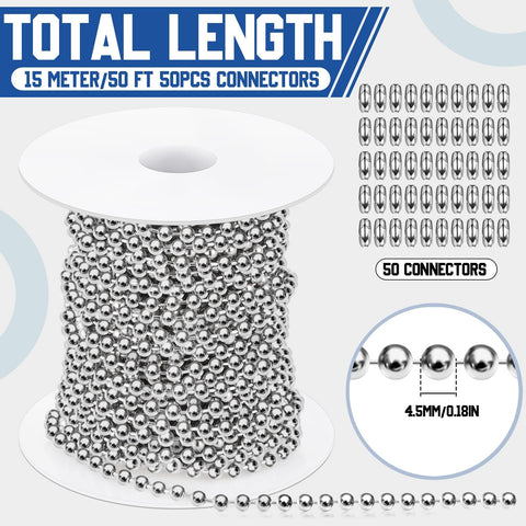 50ft 4.5mm Ball Beaded Chain with 50 Connectors for Roller Shades and Vertical Blinds, Dog Tag Chain, Jewelry Making and DIY Crafts in Silver Ready to Use Kit with Easy Install