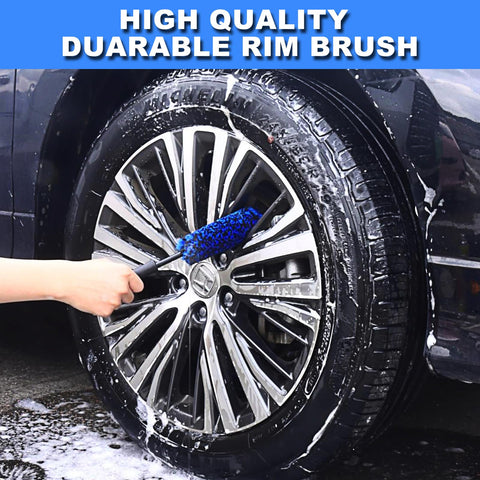 Pro Grade Wheel And Rim Cleaning Brush Set For Cars And Motorcycles in use cleaning car rim with soft microfiber brush