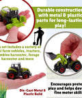 Five Piece Green Die Cast Farm Machinery Toys Set With Mini Tractors And Harvesters, durable metal play tractors in hand