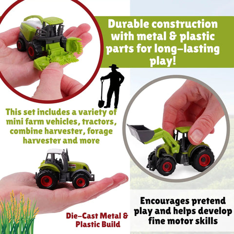 Five Piece Green Die Cast Farm Machinery Toys Set With Mini Tractors And Harvesters, durable metal play tractors in hand