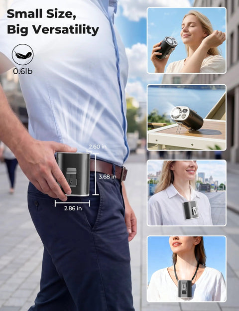 Man using Waist Belt Clip Cooling Fan With Ice Cooling Instant Chill To 50F for travel and outdoor activities