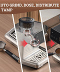 One Touch Auto Grind Espresso Machine With Smart Dosing And Brushed Stainless Steel Finish with coffee grounds in portafilter.