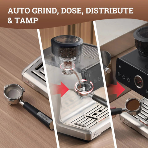 One Touch Auto Grind Espresso Machine With Smart Dosing And Brushed Stainless Steel Finish with coffee grounds in portafilter.