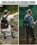 All In One Fishing Gear Kit With Backpack And Tackle Box Includes Lures Hooks Sinkers Pliers Lip Gripper Bait And Accessories shown in two colors, black and camouflage on two fishermen in river.