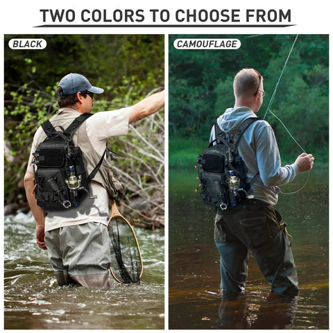 All In One Fishing Gear Kit With Backpack And Tackle Box Includes Lures Hooks Sinkers Pliers Lip Gripper Bait And Accessories shown in two colors, black and camouflage on two fishermen in river.