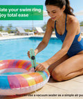 Woman using Three In One Handy Handheld Vacuum Sealer For Bags And Jars With Food Grade Seal Includes Ten Food Safe Bags outdoors