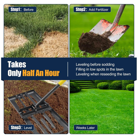 Step-by-step lawn leveling using Heavy Duty Lawn Leveling Rake With 27 Inch Wide Head And 72 Inch Adjustable Handle