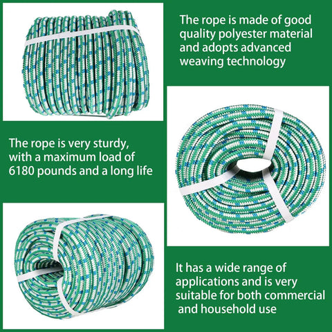 Beefy Half Inch Nylon Braided Rope 150 Feet Heavy Duty Polyester Cord in Green White Blue with 6180 Pound Load Capacity