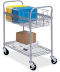 Beat The Paper Stack With This Heavy Duty Mobile Mail Cart, Smooth Rolling Locking Wheels, Chrome Wire Basket, Bottom Shelf, Holds 75 Legal Folders, Gray with blue and yellow folders on top.