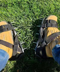 Heavy Duty Lawn Aerator Shoes With Stainless Steel Shovel Included Adjustable Fit For Men And Women Lawn Aeration Boots in use
