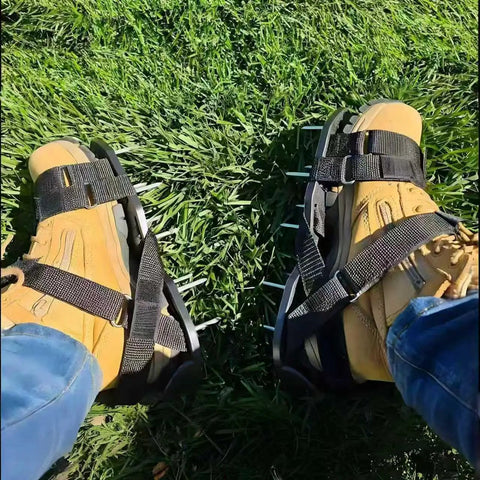 Heavy Duty Lawn Aerator Shoes With Stainless Steel Shovel Included Adjustable Fit For Men And Women Lawn Aeration Boots in use