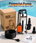 Heavy Duty Submersible Sump Pump With Automatic Float Switch Powers Through Heavy Water Jobs At Six Thousand Gallons Per Hour to remove water, includes accessories.