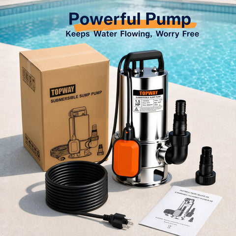 Heavy Duty Submersible Sump Pump With Automatic Float Switch Powers Through Heavy Water Jobs At Six Thousand Gallons Per Hour to remove water, includes accessories.