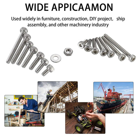 Tiny Hex Socket Head Cap Screws Kit With Nuts And Washers, 304 Stainless Steel Micro Allen Machine Screws M2 X 4-20mm displayed