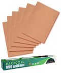 Set Of 6 Copper Grill Mats For Outdoor Grilling Nonstick Heavy Duty Reusable Easy To Clean displayed with packaging.