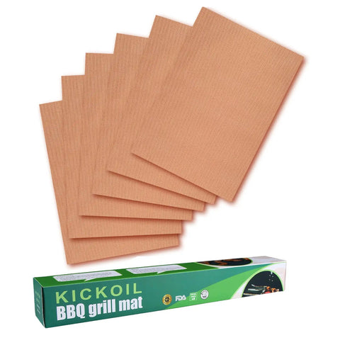Set Of 6 Copper Grill Mats For Outdoor Grilling Nonstick Heavy Duty Reusable Easy To Clean displayed with packaging.