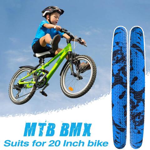 Child on green mountain bike with Two Pack 20 By 2.1 Folding Bead Bicycle Tires With 20 By 1.75 To 2.125 Inner Tubes And Tire Pry Rods.