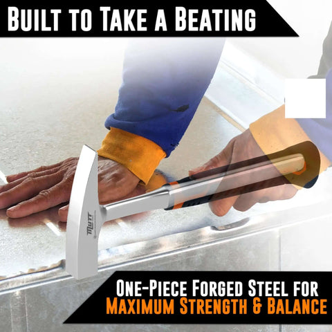 Pro Grade 18oz Sheet Metal Hammer for Tinners and HVAC Pros Forged Steel Head Ergonomic Handle in use on sheet metal surface