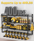 4 Layer Extra Tall Power Tool Organizer Wall Mount 400lbs Capacity Heavy Duty Metal Rack With 8 Cordless Drill Holders displayed.