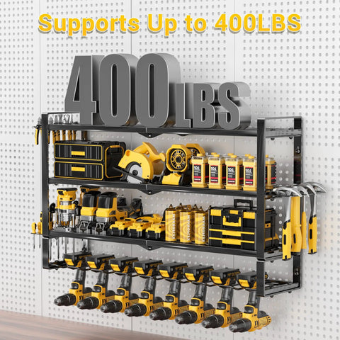 4 Layer Extra Tall Power Tool Organizer Wall Mount 400lbs Capacity Heavy Duty Metal Rack With 8 Cordless Drill Holders displayed.