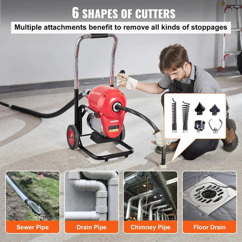 Heavy Duty 120 Foot Manual Feed Sewer Drain Auger Machine Loaded With An 1100W Motor And Premium Hardened Steel Cable in action clearing clogs.