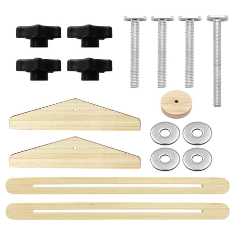 Stair Tread Gauge And Shelf Layout Tool kit showing knobs, bolts, washers, and wood components, adjustable 30 to 49 inch range.