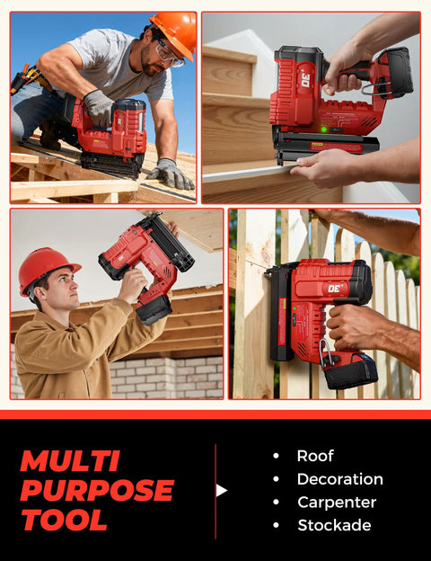 Heavy Duty 18 Gauge Cordless Brad Nailer And 2 Inch Electric Stapler Works With Milwaukee 18 V Battery in use for roofing project.
