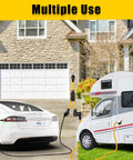 Heavy Duty 50 Amp Y Splitter Adapter Cord For Rv And Ev Charging Nema 14 50P connecting a Tesla EV and RV outdoors.