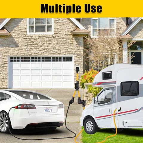 Heavy Duty 50 Amp Y Splitter Adapter Cord For Rv And Ev Charging Nema 14 50P connecting a Tesla EV and RV outdoors.