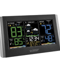 Smart Weather Station With Custom Alerts And Wireless Outdoor Sensor showing temperature, humidity, and color forecast display