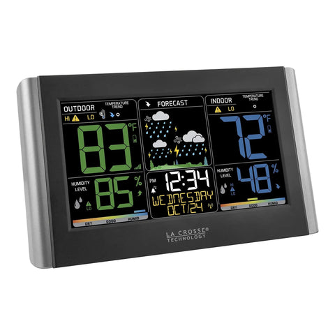 Smart Weather Station With Custom Alerts And Wireless Outdoor Sensor showing temperature, humidity, and color forecast display