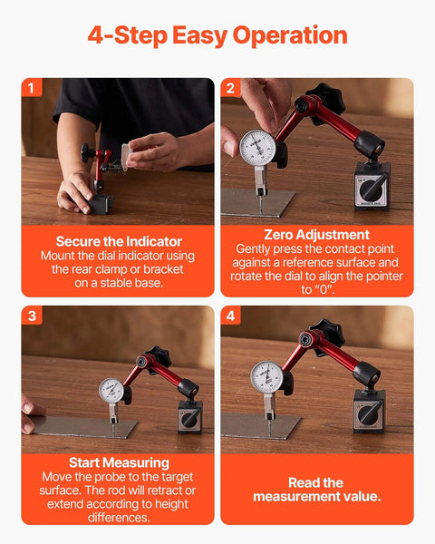 4-step usage guide for Dial Test Indicator With Universal Magnetic Base And Storage Case 0.0005 Inch Accuracy 0 To 0.03 Inch Travel