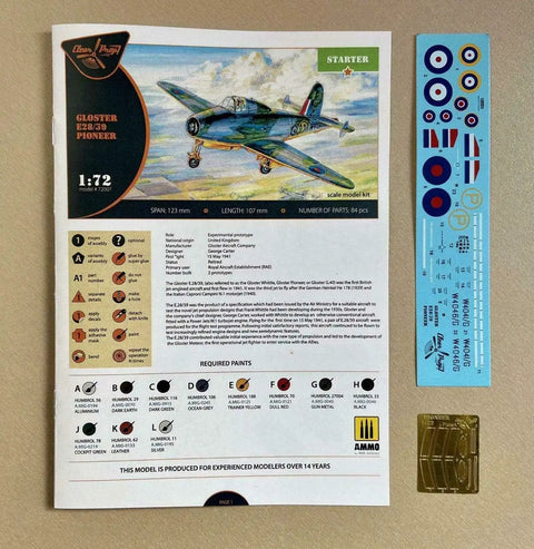 Instruction sheet, decals, and photoetched parts for Gloster E28/39 Pioneer 1 To 72 Scale Aircraft Model Kit With 84 Plastic Parts And 12 Photoetched Parts 107 Mm Length And 123 Mm Wingspan Easy Build For Hobbyist Builders New In Box