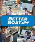 Individuals holding Better Boat Fiberglass Boat Hull Cleaner Gel 22oz Marine Grade Tough Stains Remover bottles by boats.