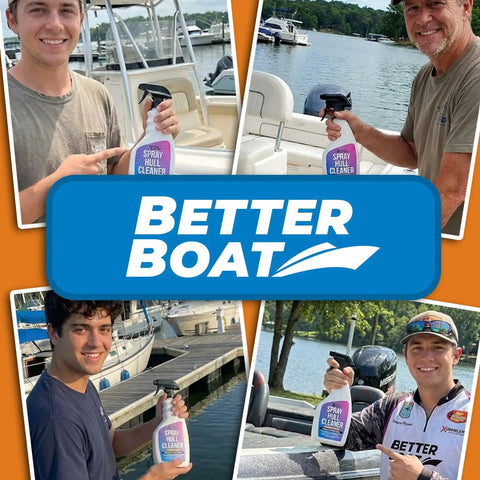 Individuals holding Better Boat Fiberglass Boat Hull Cleaner Gel 22oz Marine Grade Tough Stains Remover bottles by boats.
