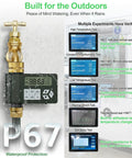 Garden Hose Faucet Water Timer With Brass Inlet For Outdoor Irrigation Programmable Sprinkler Timer With Rain Delay Set It And Forget It Manual And Automatic Modes IP67 Leak Proof Design For Lawn And Yard One Outlet showing multiple test results and IP67 waterproof rating