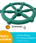 Green Pirate Ship Wheel Outdoor Playset Accessory For Kiddos with mounting hardware on white background