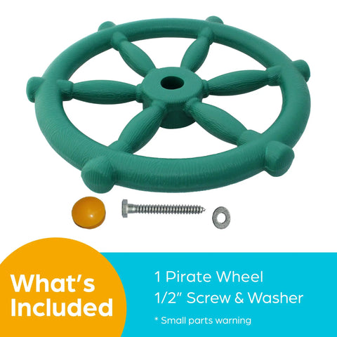 Green Pirate Ship Wheel Outdoor Playset Accessory For Kiddos with mounting hardware on white background