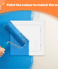 10X10 Self Adhesive Access Panel Drywall Hole Cover With Dead Simple Install And Paintable Finish Impact Resistant Plastic Utility Door painted blue on wall.