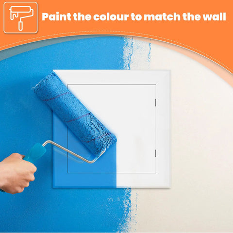 10X10 Self Adhesive Access Panel Drywall Hole Cover With Dead Simple Install And Paintable Finish Impact Resistant Plastic Utility Door painted blue on wall.