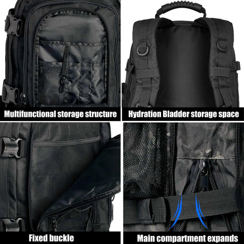 Heavy Duty Tactical Backpack For Men Waterproof Military Style Daypack with MOLLE System showcasing compartments and buckles