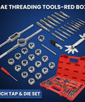 80 Piece Tap And Die Set SAE And Metric For Internal And External Threads with taps, dies, wrenches, and red case displayed.