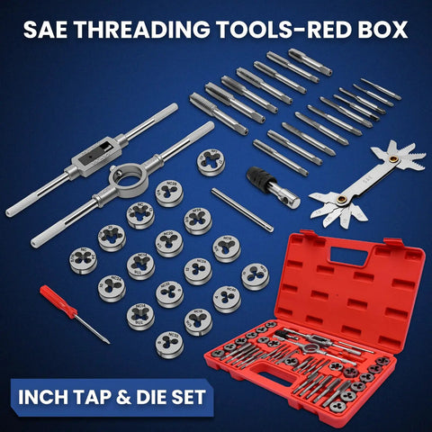 80 Piece Tap And Die Set SAE And Metric For Internal And External Threads with taps, dies, wrenches, and red case displayed.